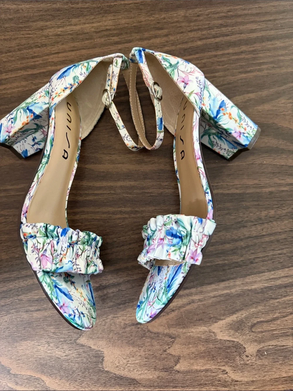 Unisa Floral Ruched Strap Heeled Sandals in Blue, Green, Pink